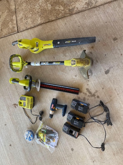 RYOBI BLOWER, WEED-EATER, HEDGER, DRILL 4 CHARGERS, 2 BATTERIES, & WEED-EATER STING BATTERY AND