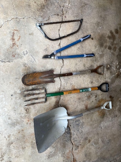 Scoop, Spade Shovel, Saw, Pruners and spading fork