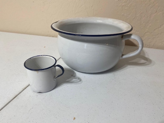 ENAMEL CHAMBER POT AND DRINKING CUP...