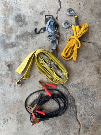 Ratchet Strap, jumper cables and tow rope