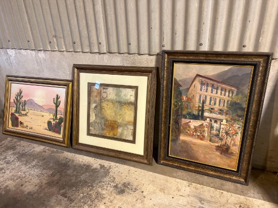 1 cactus painting 32 x 39, 1 abstract picture 39 x 39, 1 town square picture 45 x 32
