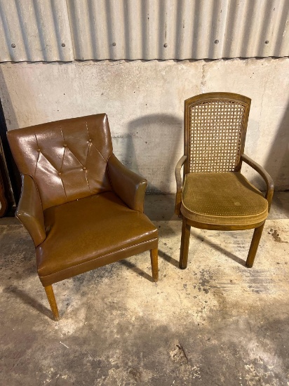 1 brown chair, 1 wicker chair