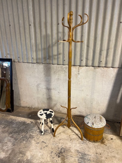 Wooden coat rack, wooden bucket stool, cow stool....