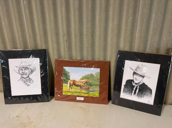 Two framed drawings, 1 horse picture....