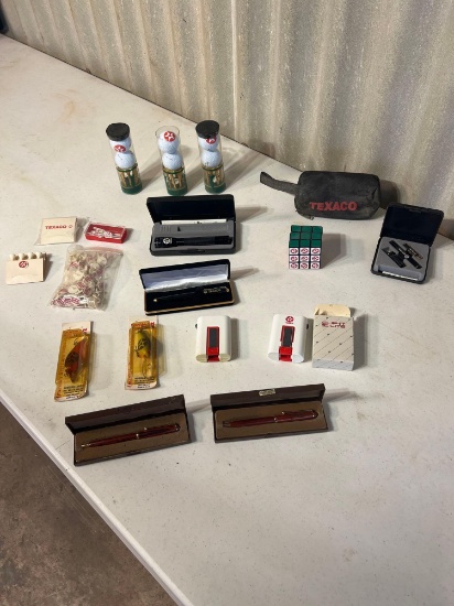 Texaco memorabilia, golf balls, fishing lure, cubes....