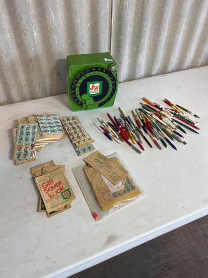 S & H green stamp, booklets, misc ink pens