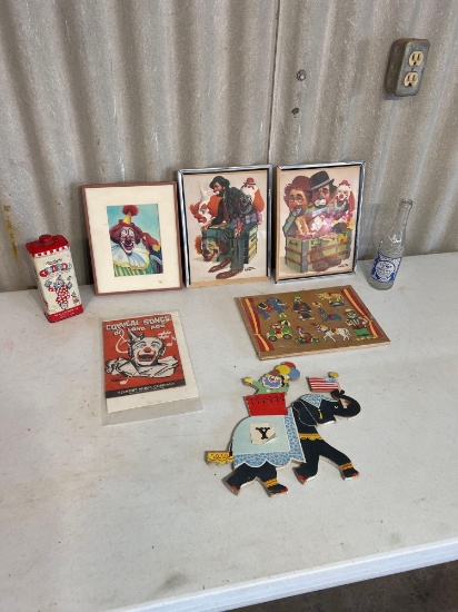 3 vintage clown photos, circus misc lot