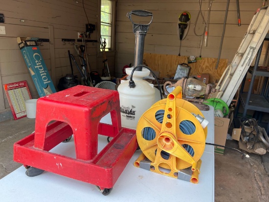EXTENSION CORD AND REEL, PUMP UP SPRAYER, ROLL AROUND TOOL STOOL...