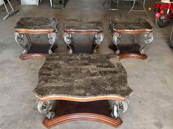 3 END TABLES... 1 COFFEE TABLE (SLIGHTLY SHORTER THAN END TABLES) IRON DECORATIVE LEGS MARBLE TOPS