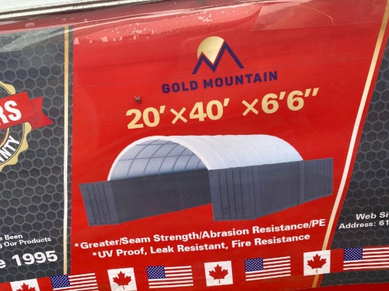 NEW GOLD MOUNTAIN DOME CONTAINER SHELTER 20X40 FT PE FABRIC GALVANIZED TUBE, UV RESISTANT AND FIRE