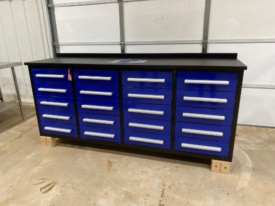 UNUSED 2022 STEELMAN...7 FT 20 DRAWER WORK BENCH 87/23/39 INCHES DRAWERS LOCK AND HAVE ANTI SLIP