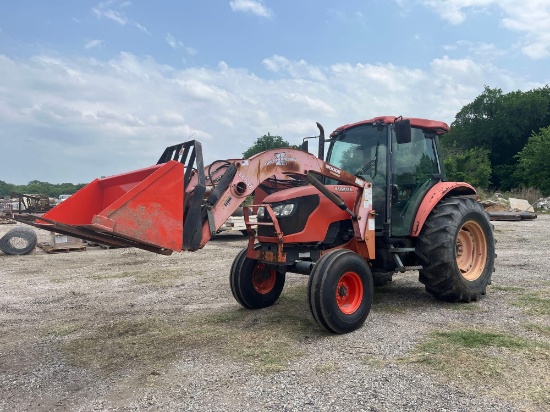KUBOTA M9540 2 WHEEL DRIVE TRACTOR HAS A WOODS GROUND MOVER LOADER MODEL #LV132 COMES WITH PALLET