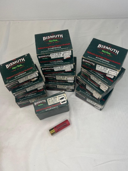 Make: Bismuth Ammunition Caliber: 10 GAUGE 12 BOXES 3 1/2 LENGTH BB SHOT 10 CARTDRIGES 1 BOX MISSING