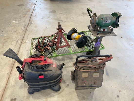 LOT OF MISC. ITEMS SHOP VAC, BENCH GRINDER, WAGON ETC.