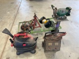 LOT OF MISC. ITEMS SHOP VAC, BENCH GRINDER, WAGON ETC.