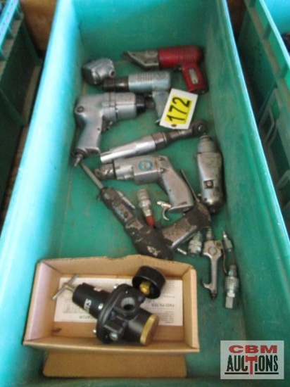 Assorted Air Tools, Shear, Impact, Chisel, Ratchet, Fittings, New Air Regulator - Tote NOT Included