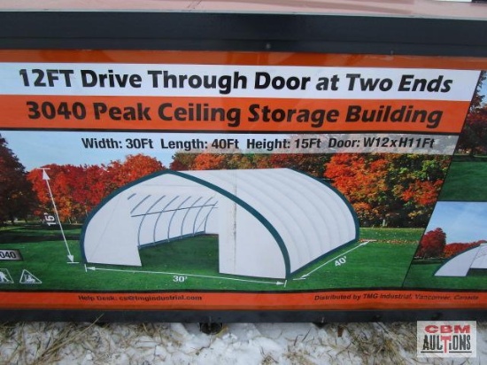 Unused TMG-ST3040 30' x 40' Peak Ceiling Storage Shelter 12' Drive Through Doors at Both Ends