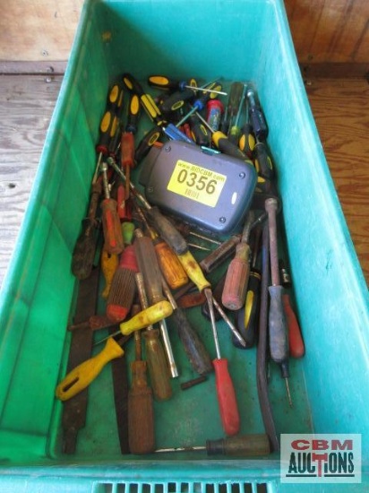 Large Assortment of Screw Drivers, Nut Drivers And Files. Tote Not Included