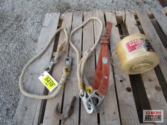 Climbing Harness, Rope With Hooks, Roll Of Twine