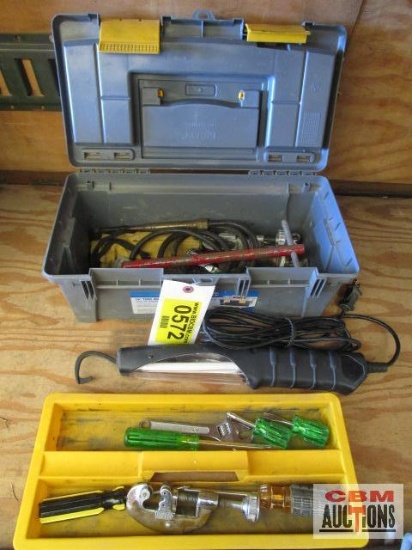Plastic Toolbox with Assortment of Small Hand Tools and Work Light