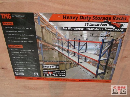Unused TMG-WH39 Qty of (6) 39 linear feet Heavy Duty Steel Storage Shelvings Store and unload heavy,