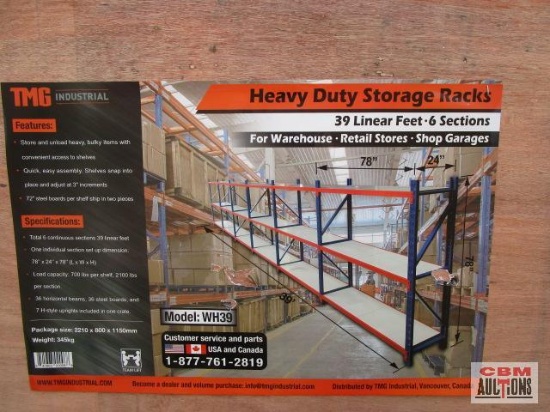 Unused TMG-WH39 Qty of (6) 39 linear feet Heavy Duty Steel Storage Shelvings Store and unload heavy,