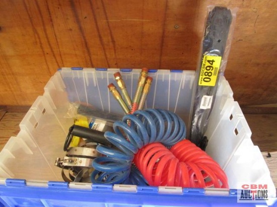 Assorted air brake supplies, glad hands, air to air clamps, hose tenders and hoses. Tote not