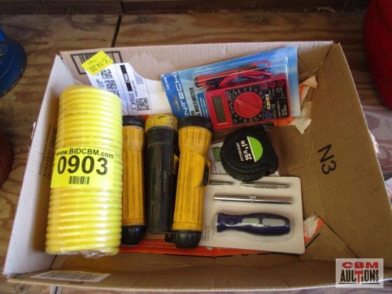 Coil air hose, 3 flashlights, 25' tape measure, volt meter, 4-1 screwdriver