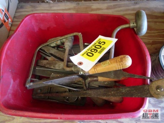 Red tote of assorted files, saws, alan wrenches misc