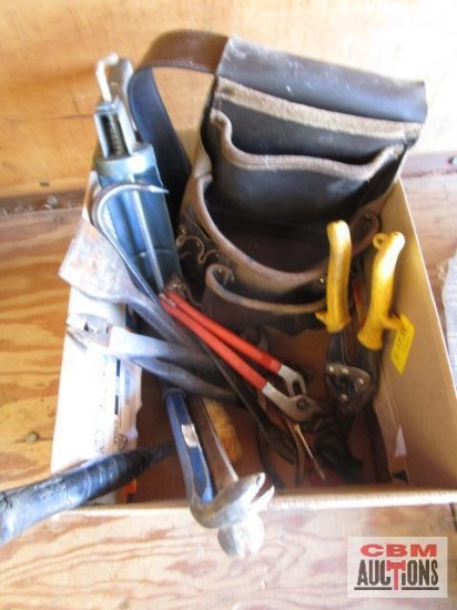 Box of tools, tool bag, pliers, crow bar, hammer, tin snips