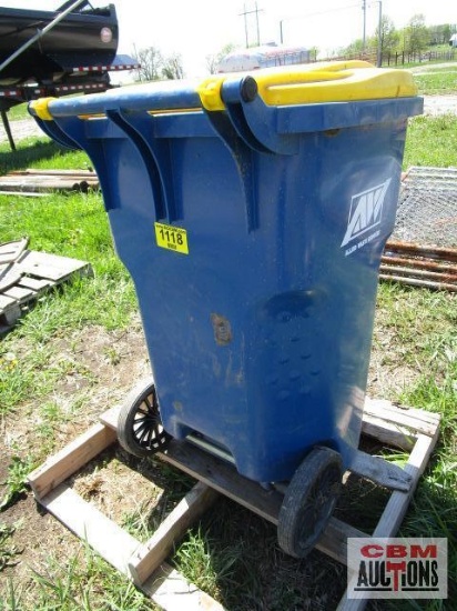 Blue wheeled trash can