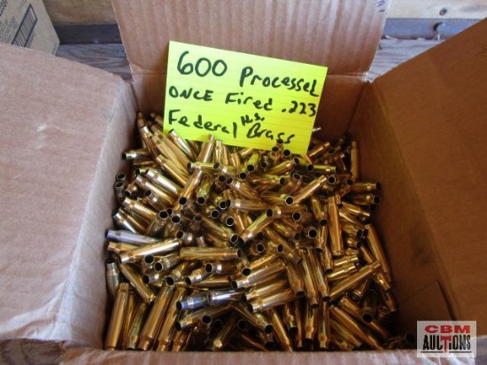 600 - .223 once fired brass ammunition casing, federal head, unprocessed