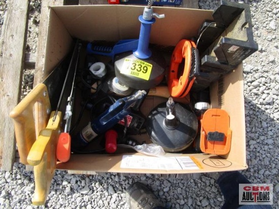 Box of Tools, Drain Snake, Solder Gun Hand Saws, No Rigid Battery