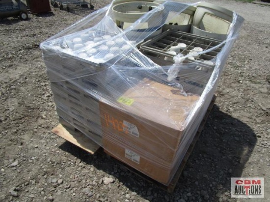 Pallet of coffee...cups and 3 trash cans