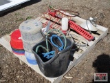 Pallet of Assorted Livestock Equipment, horse halters, water bowls, ground rod, barrel pump, chicken