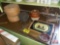 Serving trays, soap dish, cast iron cauldron, stoneware jars, decorative pieces *2