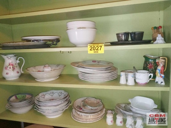 Contents of 3 shelves: china, trays, salt & peppers *2