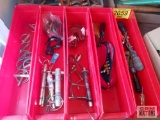 5 plastic parts organizers with contents: hitch pins, chain hooks, socket set, nut drivers,