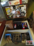 Contents of 3 shelves: assorted hardware, blinds, office supplies, hardware organizers, WD-40, and