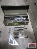 Metal toolbox with contents: large slip joint pliers, specialty pliers and hammers, small crowbar,