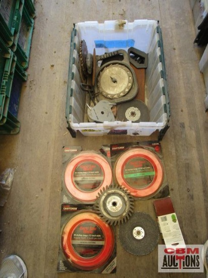 Tote of band saw blades, grind disks, saw blades, sand paper, hand saws...