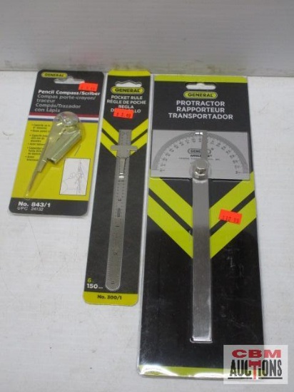 General protractor, pocket rule, and pencil compass/scriber