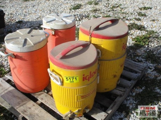 Water Coolers, Igloo 5 gal, 10 gal., Rubbermaid 5 gal, 5 gal, and 3 gal.
