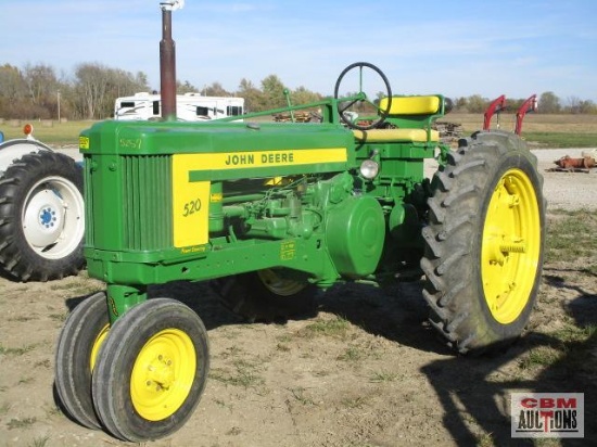 1956 John Deere 520 tractor, 6 spd trans, 540 pto, 3 pt, 1 scv, showing 1165 hrs, S#5200710 runs and