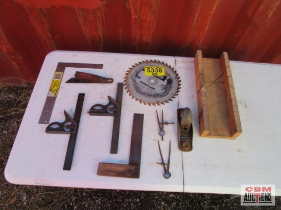 Wood miter box, sliding squares, framing square, saw blade, hand plane *C