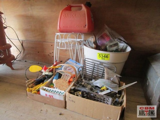 Lot of outdoors garden supplies, gas can, plant stands, lawn sprinklers, etc *C