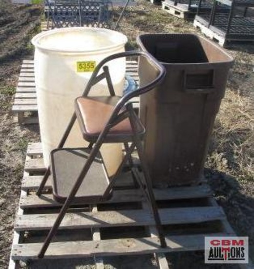 White plastic barrel, trash can and step stool