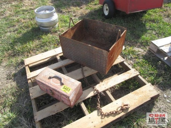 Red metal tool box with misc tools, steel box 24"x19"x13"...