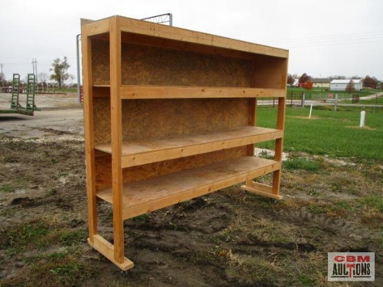 Wooden shelving unit on wheels 95" x 20 1/2" x 79" including wheels