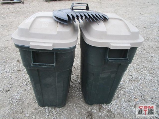 2 - New Rubbermaid 31 gal roughneck trash cans with lids and leaf scoops